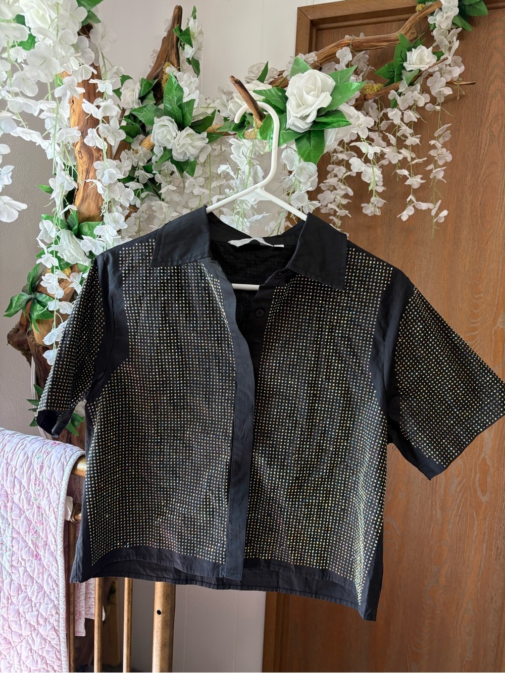 Black Short Sleeve Button Front Top with Gold Stud Detailing